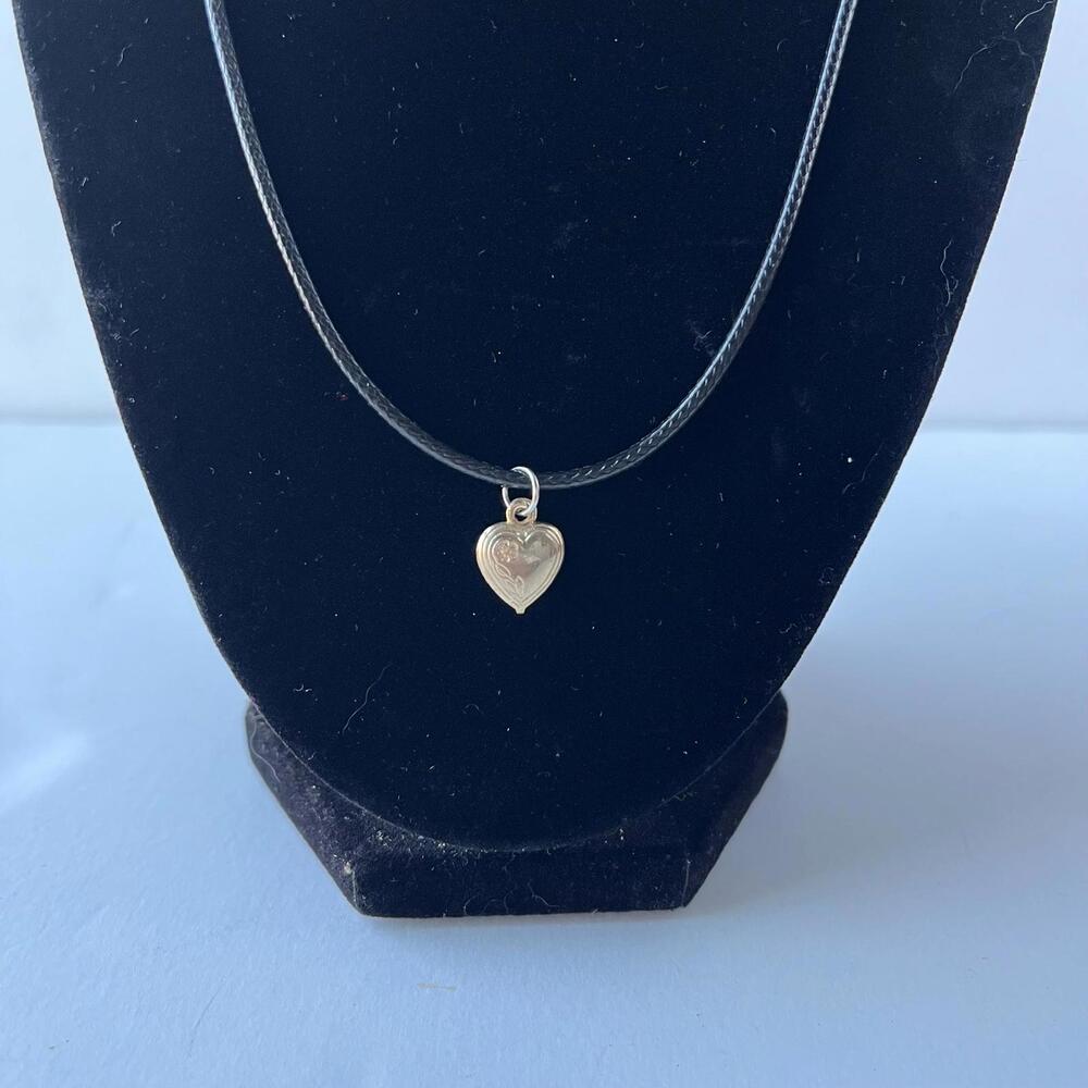 Upcycled Vintage Heart Charm Necklace with Floral Detail on Black Cord